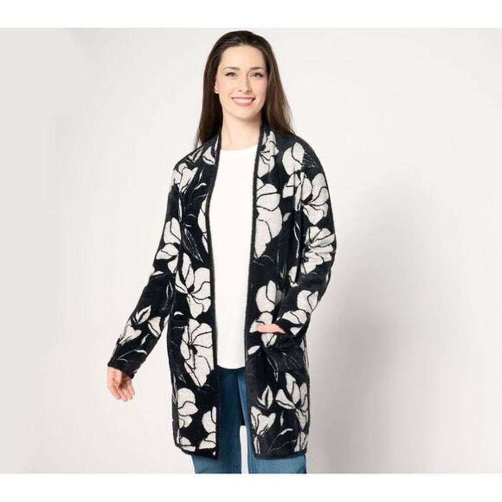 Susan Graver Jacquard Open Front Cardigan with Patch Pockets Black M A670198